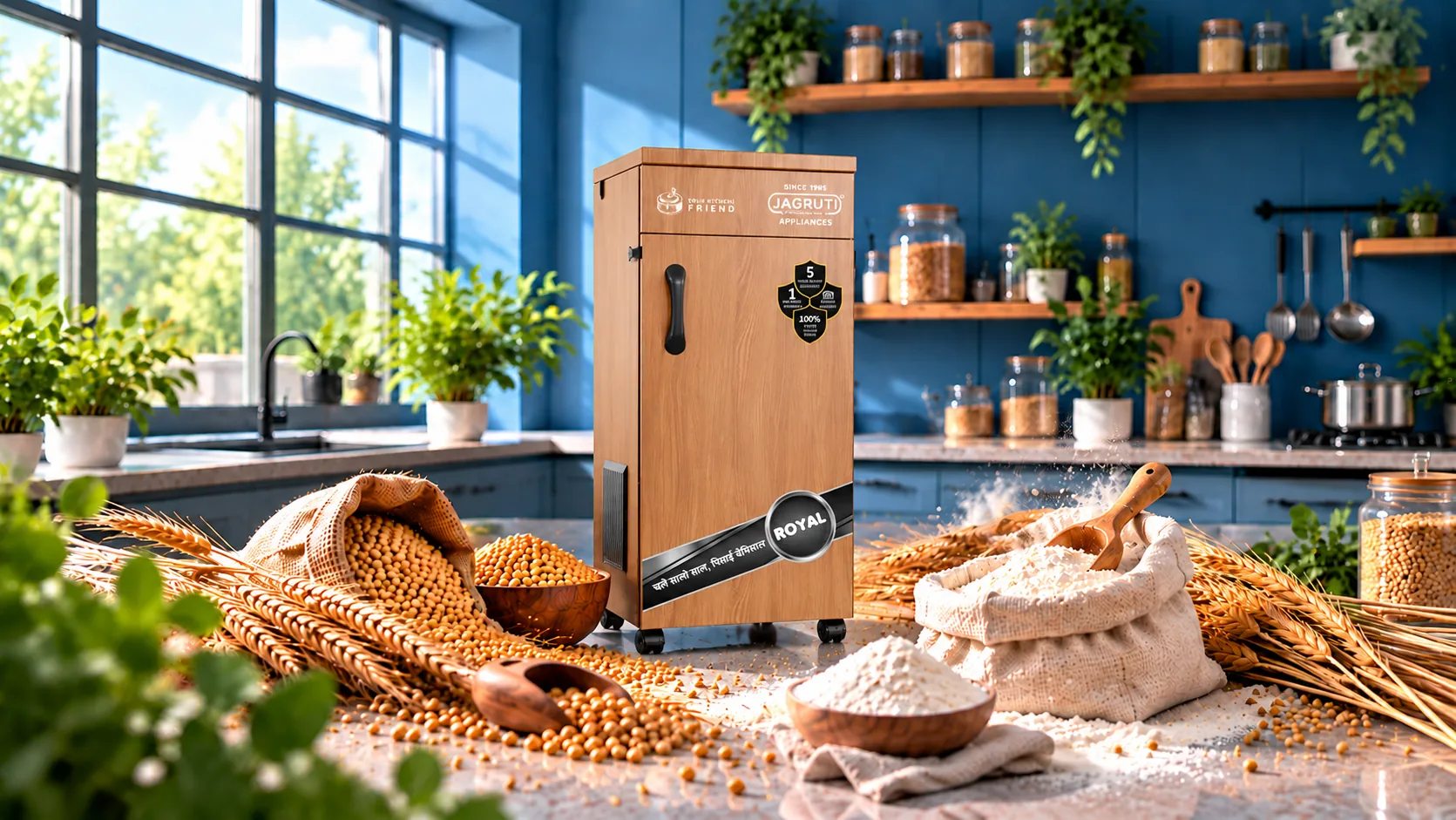 Jagruti Royal domestic flour mill in a sunlit kitchen with wheat and fresh flour